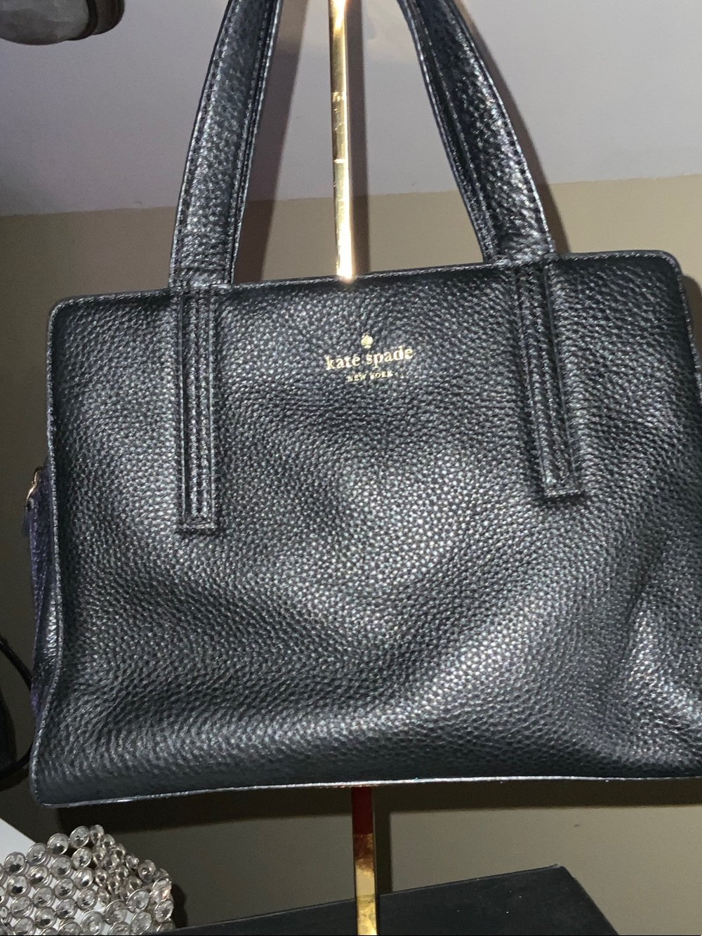 kate spade Black Pebbled Satchel with Gold Logo